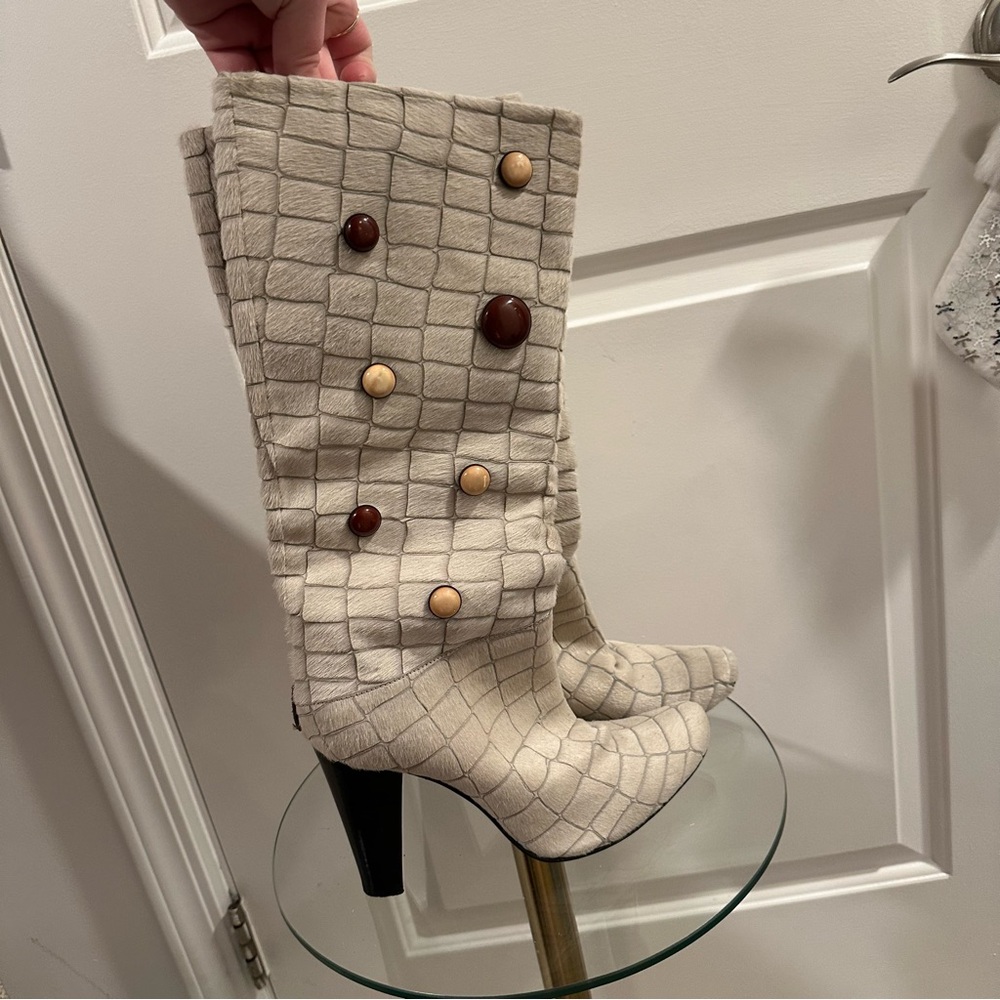 Dénouée Fur Knee High Block Heel Boots with Button Details (Made in Italy)